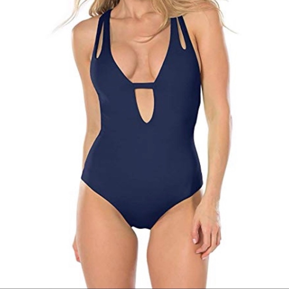 Color Code Plunge Neck One Piece Swimsuit Indigo Size Medium